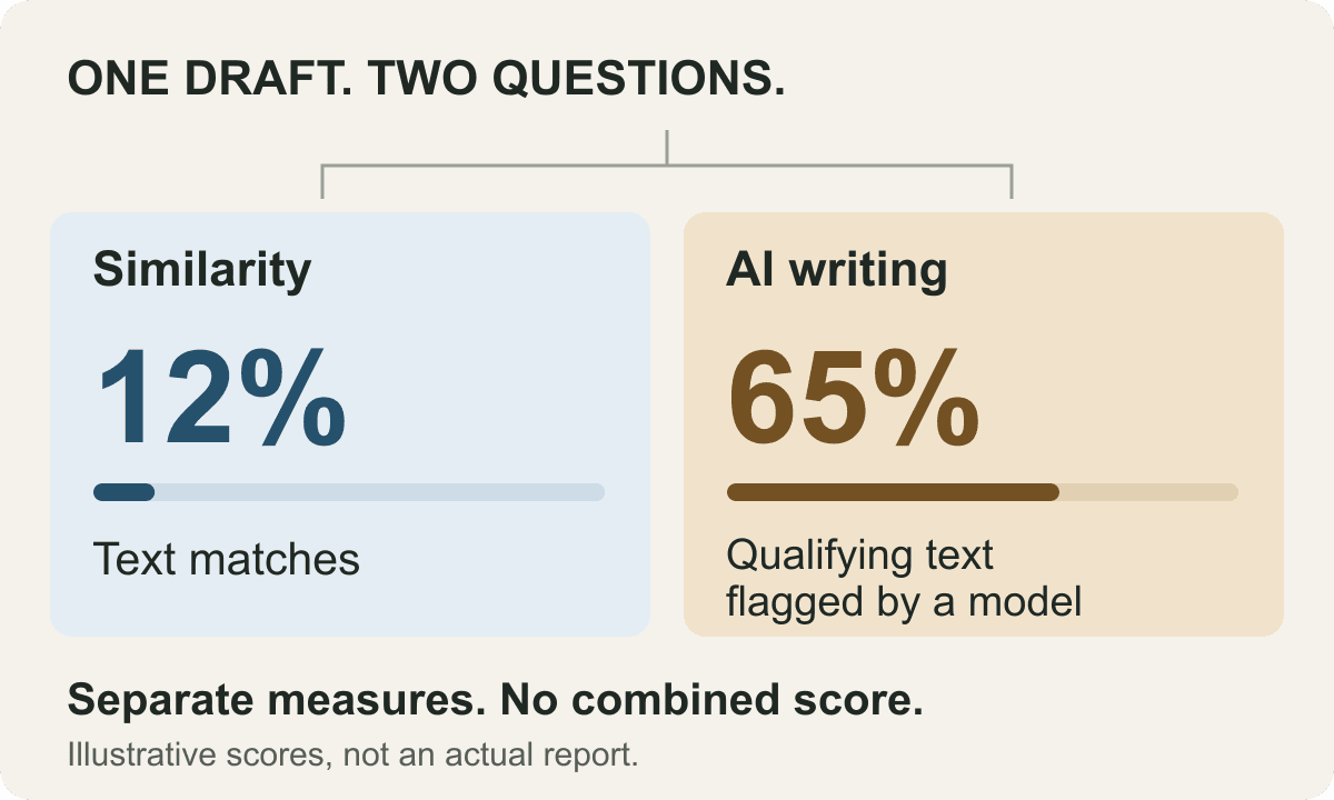 One draft has 12% text similarity and 65% of qualifying text flagged as AI. These illustrative scores measure different things and cannot be added.